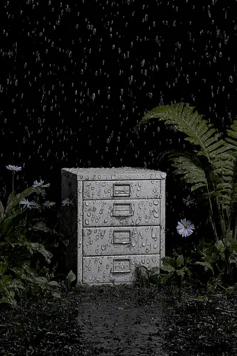 Midjourney generated image using SREF code Squelchloom: A filing cabinet sitting in the middle of a lush green field.