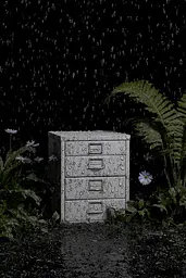 Midjourney generated image using SREF code Squelchloom: A filing cabinet sitting in the middle of a lush green field.