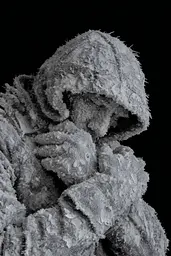Midjourney generated image using SREF code Squelchloom: A black and white photo of a person wrapped in a blanket.