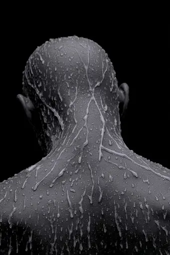 Midjourney generated image using SREF code Squelchloom: A black and white photo of a man's back covered in water.