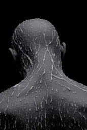 Midjourney generated image using SREF code Squelchloom: A black and white photo of a man's back covered in water.