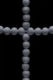 Midjourney generated image using SREF code Squelchloom: A cross made out of golf balls on a black background.