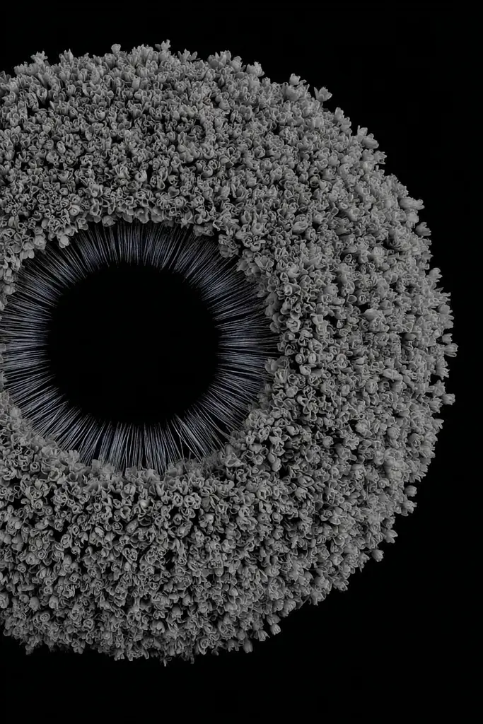Midjourney generated image using SREF code Squelchloom: A black and white photo of a circle of flowers.