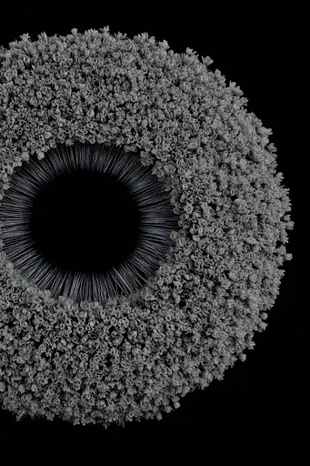 Midjourney generated image using SREF code Squelchloom: A black and white photo of a circle of flowers.