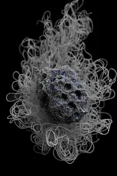 Midjourney generated image using SREF code Squelchloom: A rock with blue and white crystals on a black background.