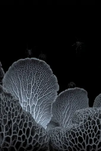 Midjourney generated image using SREF code Squelchloom: A group of spiders sitting on top of a coral.