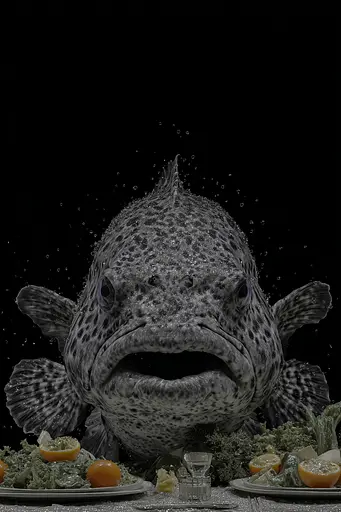 Midjourney generated image using SREF code Squelchloom: A fish that is sitting on top of a table.