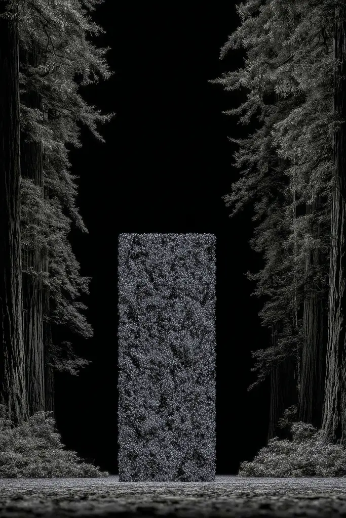 Midjourney generated image using SREF code Squelchloom: A black and white photo of a tall pillar in the middle of a forest.