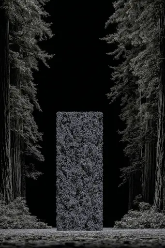 Midjourney generated image using SREF code Squelchloom: A black and white photo of a tall pillar in the middle of a forest.