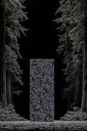 Midjourney generated image using SREF code Squelchloom: A black and white photo of a tall pillar in the middle of a forest.