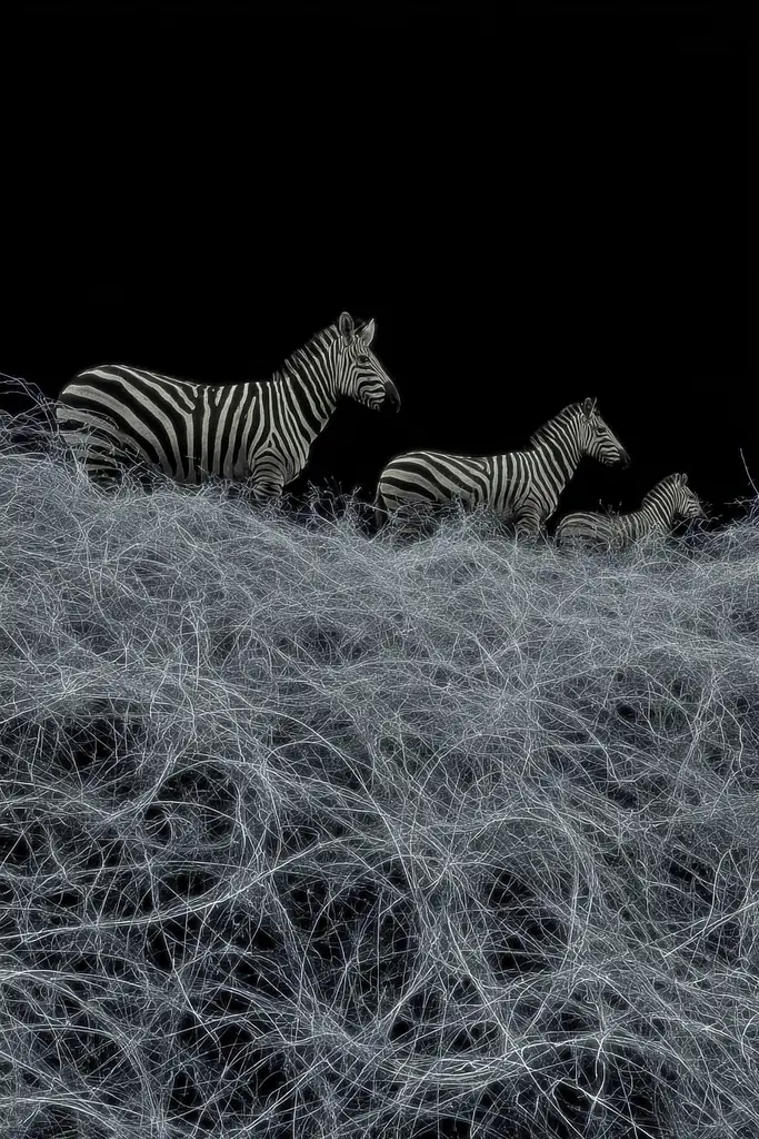 Midjourney generated image using SREF code Squelchloom: A group of zebras standing on top of a grass covered field.