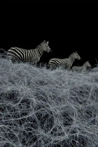 Midjourney generated image using SREF code Squelchloom: A group of zebras standing on top of a grass covered field.