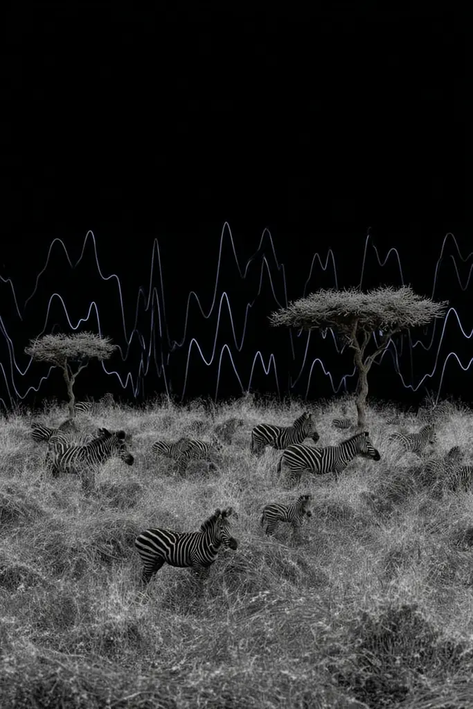 Midjourney generated image using SREF code Squelchloom: A herd of zebras walking across a grass covered field.