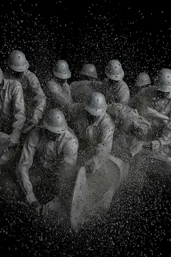Midjourney generated image using SREF code Squelchloom: A group of soldiers are playing in the water.