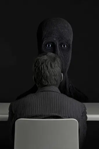 Midjourney generated image using SREF code Squelchloom: A man sitting at a desk with a laptop in front of him.