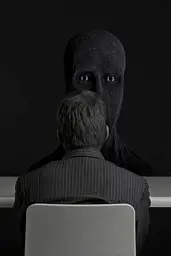 Midjourney generated image using SREF code Squelchloom: A man sitting at a desk with a laptop in front of him.