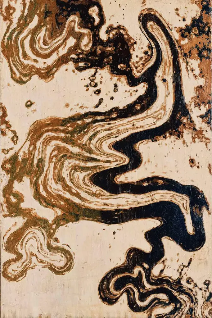 Midjourney generated image using SREF code Sepiawurp: A painting of a river flowing through a brown and black area.