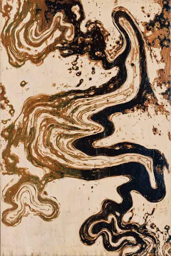 Midjourney generated image using SREF code Sepiawurp: A painting of a river flowing through a brown and black area.