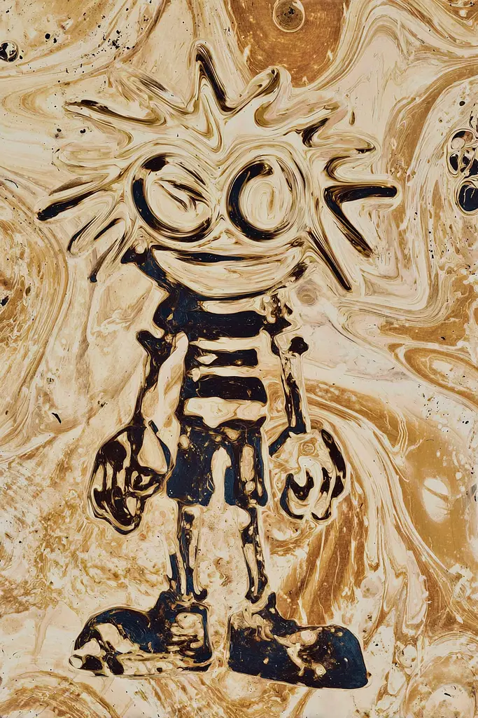 Midjourney generated image using SREF code Sepiawurp: A painting of a skeleton holding a knife in his hand.