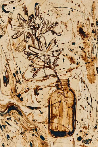Midjourney generated image using SREF code Sepiawurp: A painting of flowers in a glass vase on a table.