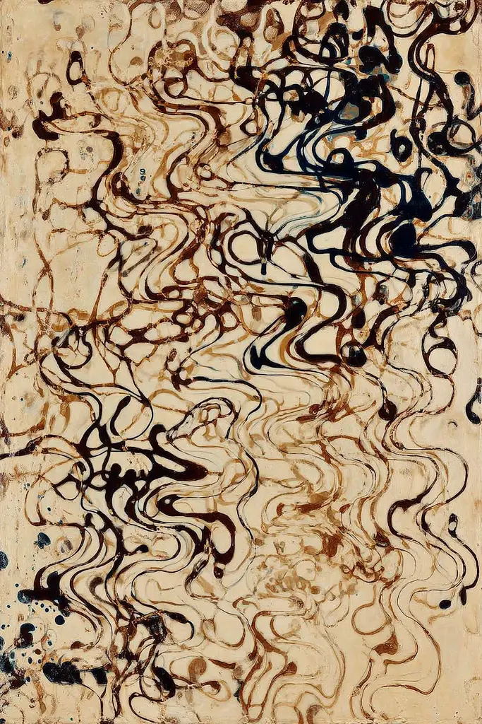 Midjourney generated image using SREF code Sepiawurp: A painting with black and brown paint on a beige background.