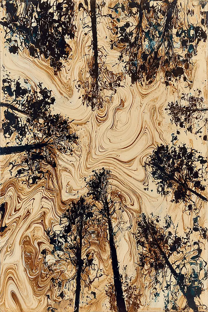 Midjourney generated image using SREF code Sepiawurp: A painting of a group of trees in a forest.