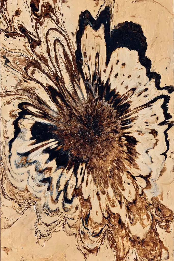 Midjourney generated image using SREF code Sepiawurp: A painting of a flower on a piece of wood.