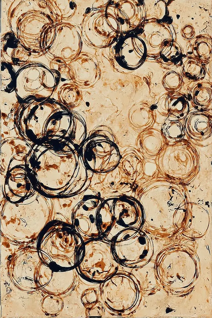 Midjourney generated image using SREF code Sepiawurp: A painting of black and brown circles on a beige background.