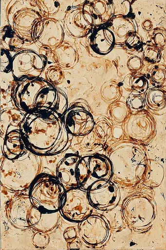 Midjourney generated image using SREF code Sepiawurp: A painting of black and brown circles on a beige background.