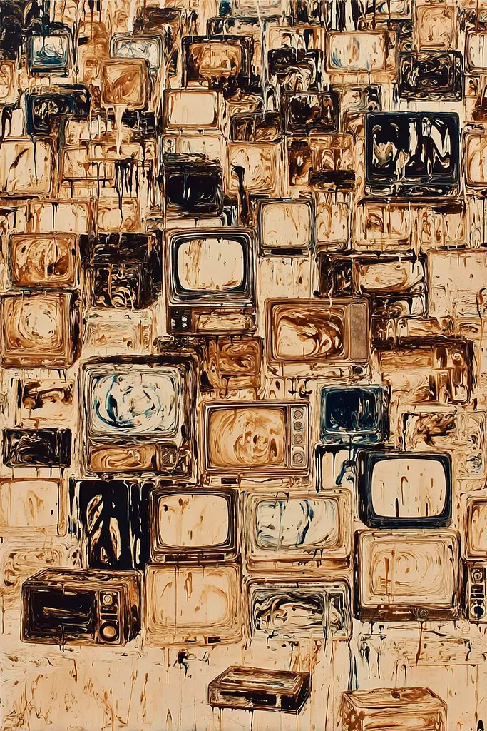 Midjourney generated image using SREF code Sepiawurp: A painting of a bunch of old televisions on a wall.
