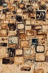 Midjourney generated image using SREF code Sepiawurp: A painting of a bunch of old televisions on a wall.