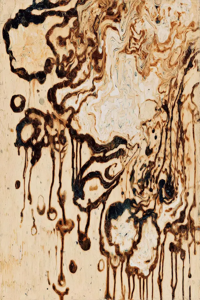 Midjourney generated image using SREF code Sepiawurp: A painting with black and brown paint on a white background.