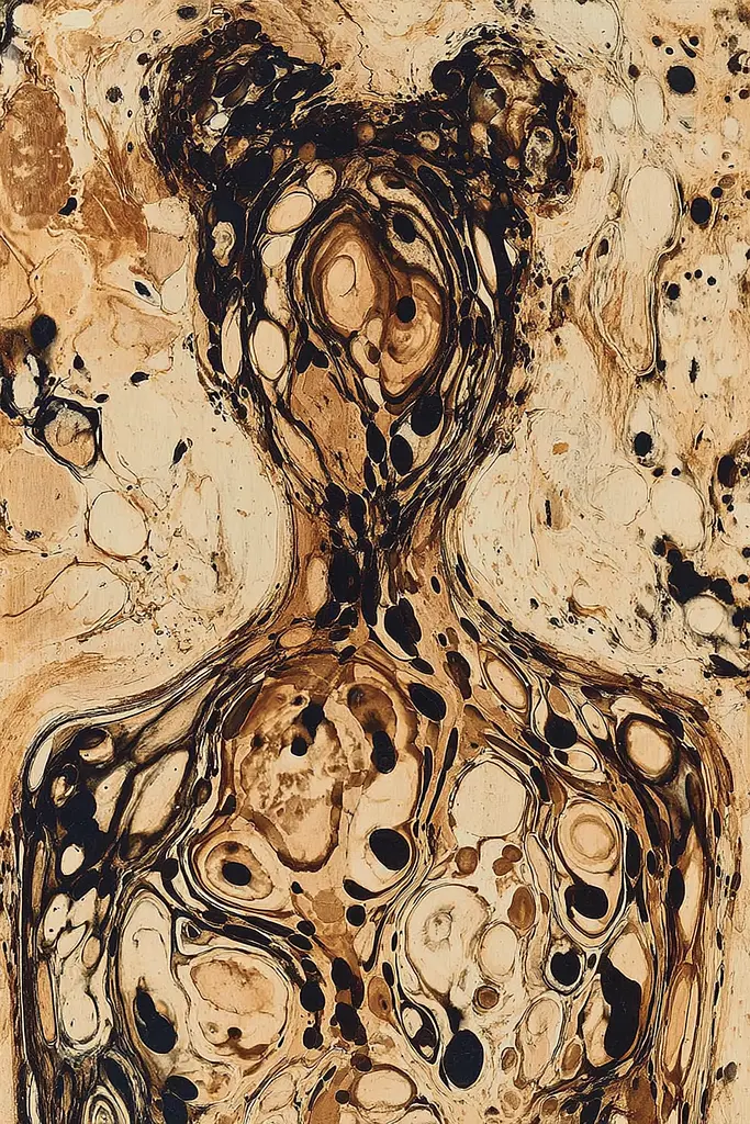 Midjourney generated image using SREF code Sepiawurp: A painting of a woman's torso in brown and black.