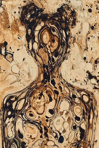 Midjourney generated image using SREF code Sepiawurp: A painting of a woman's torso in brown and black.