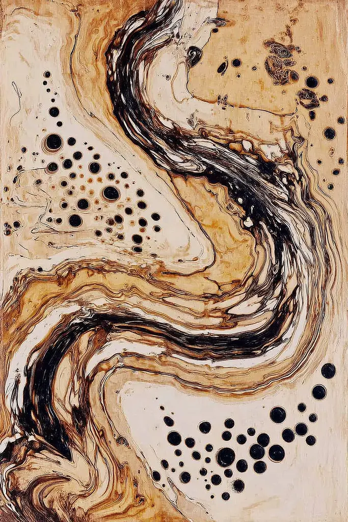 Midjourney generated image using SREF code Sepiawurp: A painting of black and white circles on a brown background.