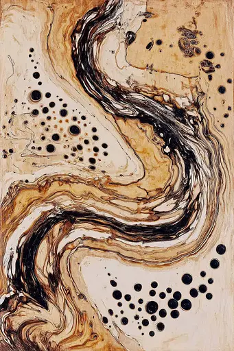 Midjourney generated image using SREF code Sepiawurp: A painting of black and white circles on a brown background.