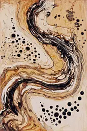Midjourney generated image using SREF code Sepiawurp: A painting of black and white circles on a brown background.