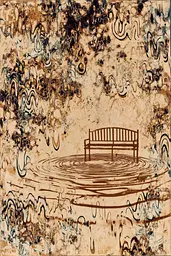 Midjourney generated image using SREF code Sepiawurp: A painting of a bench sitting in the middle of a pond.
