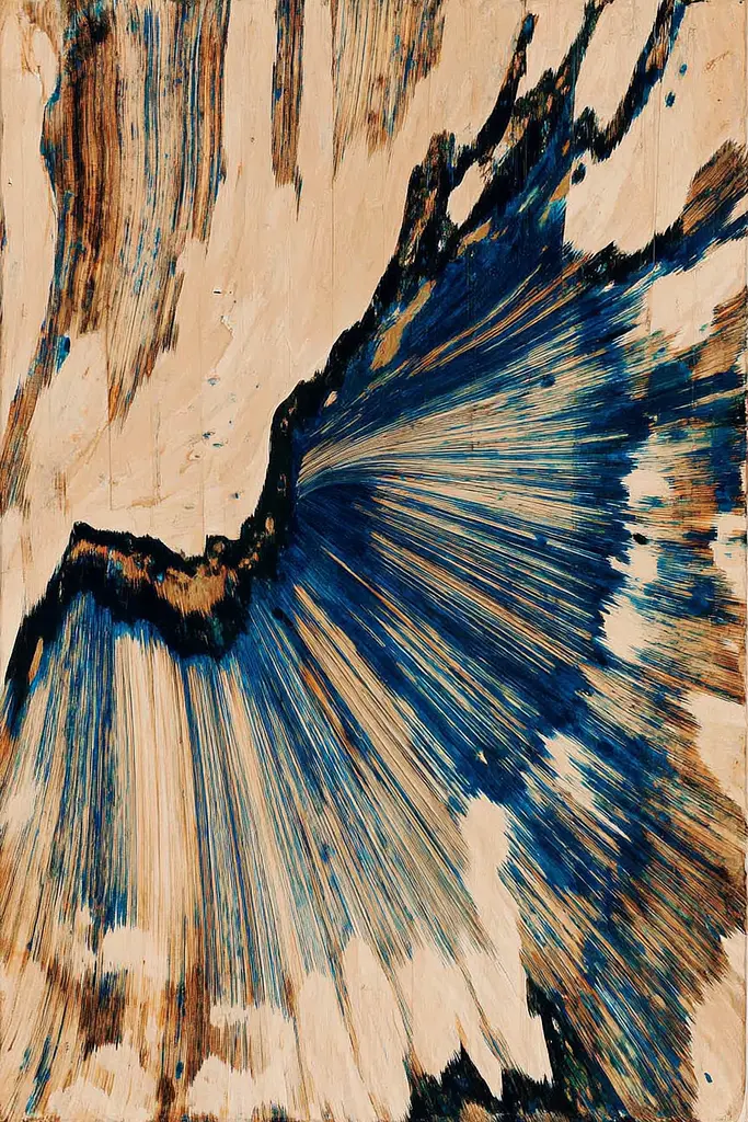 Midjourney generated image using SREF code Sepiawurp: A piece of wood with a blue and brown design on it.