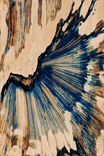 Midjourney generated image using SREF code Sepiawurp: A piece of wood with a blue and brown design on it.