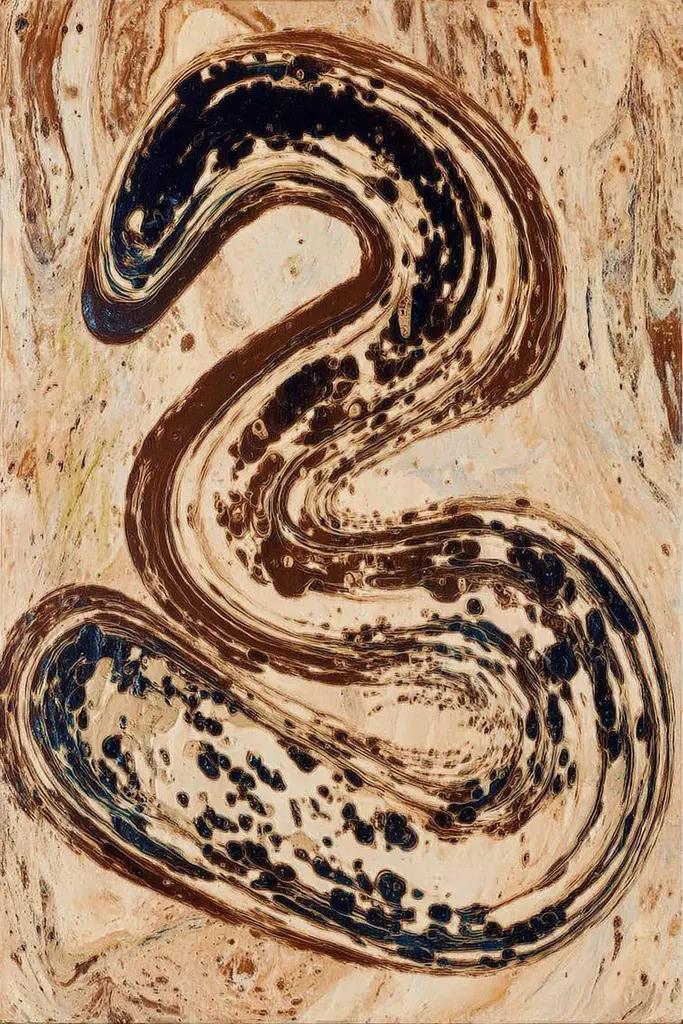 Midjourney generated image using SREF code Sepiawurp: A painting of a snake on a piece of wood.