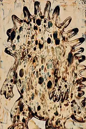 Midjourney generated image using SREF code Sepiawurp: A painting of a brown and black dinosaur on a beige background.