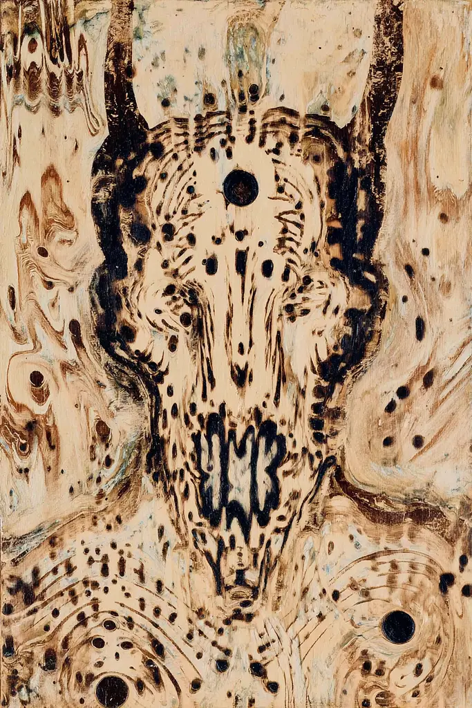 Midjourney generated image using SREF code Sepiawurp: A close up of a piece of wood with holes in it.