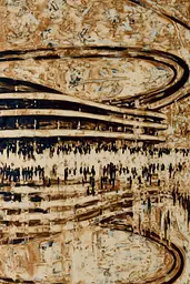 Midjourney generated image using SREF code Sepiawurp: A painting of a large group of people walking around a building.