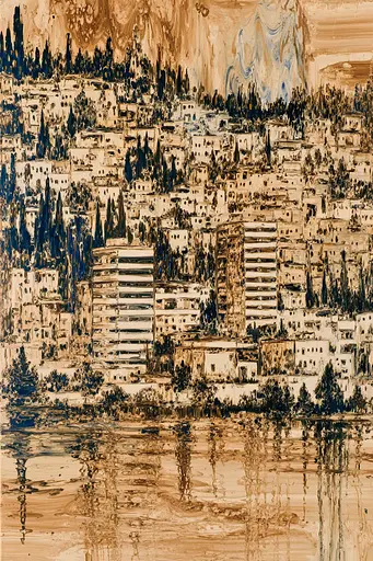 Midjourney generated image using SREF code Sepiawurp: A painting of a city on a hillside by the water.