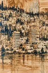 Midjourney generated image using SREF code Sepiawurp: A painting of a city on a hillside by the water.