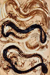 Midjourney generated image using SREF code Sepiawurp: A painting with black and brown swirls on a beige background.