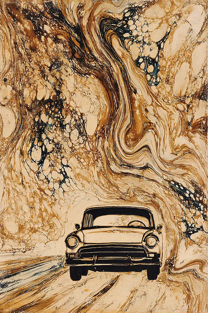 Midjourney generated image using SREF code Sepiawurp: A painting of a car driving down a dirt road.