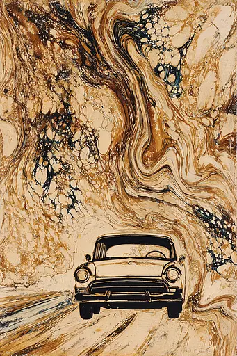 Midjourney generated image using SREF code Sepiawurp: A painting of a car driving down a dirt road.