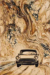 Midjourney generated image using SREF code Sepiawurp: A painting of a car driving down a dirt road.